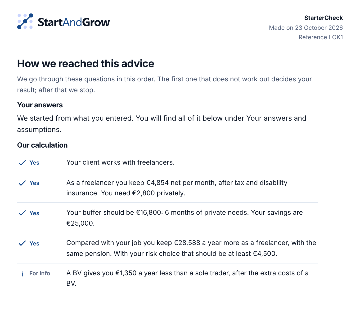 Excerpt from a sample report: how we reached this advice, with our calculation and the conclusion